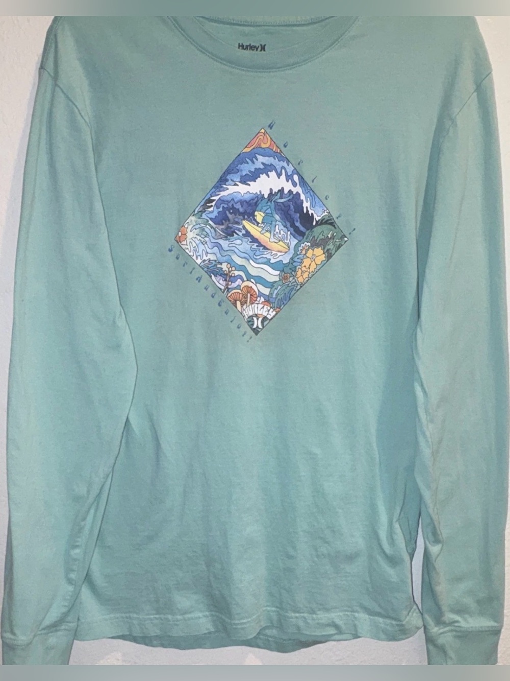 HURLEY Everyday Washed Sendy Surf Long Sleeve Shirt Mens M Mint Green Surfer